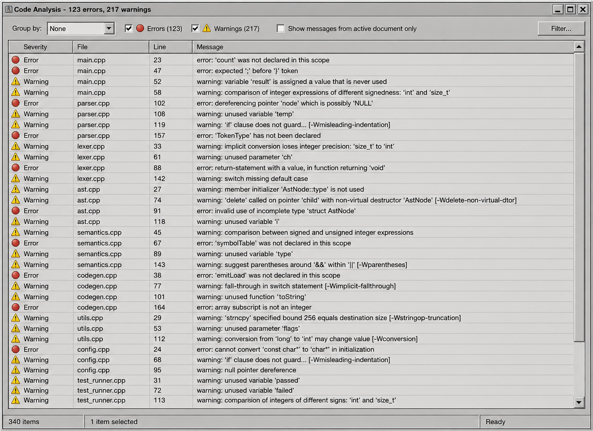 Code analysis / lint panel