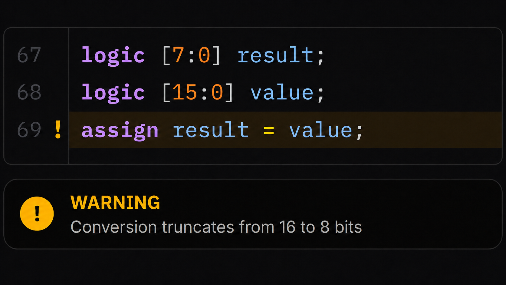 Real-time lint warning showing a 16-bit to 8-bit truncation